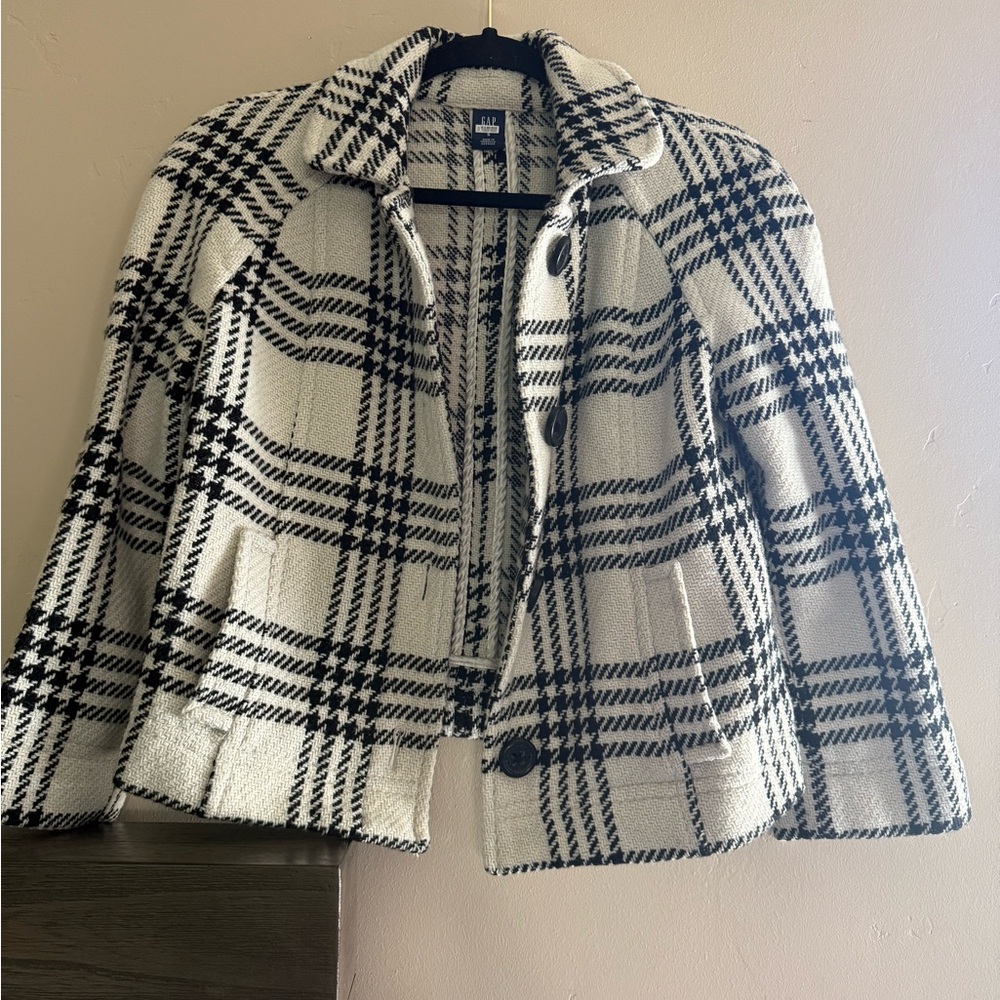 Gap Cropped Wool Blend Tweed Pea Coat Jacket Women’s Sz S Plaid Houndstooth